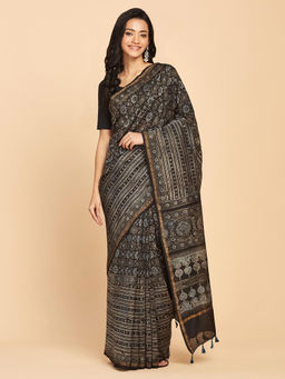 Fabindia - Black Cotton Silk Ajrakh Saree Without Blouse