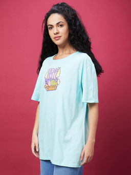Globus - Women Mint Green Oversized Graphic Print Cotton T-Shirt