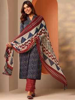 Libas - Navy Blue Printed Kurta with Pant and Dupatta