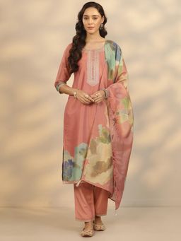 Libas - Peach Printed Sequined Kurta with Pant and Dupatta