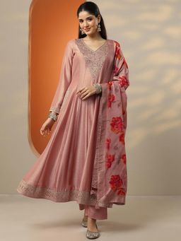 Libas Art - Pink Embroidered Printed Anarkali Kurta with Pant and Dupatta