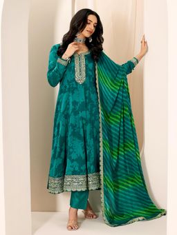 Libas - Teal Printed Embroidered Anarkali Kurta with Pant and Dupatta