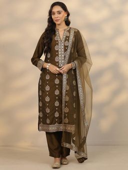 Libas Art - Olive Embroidered Sequined Kurta with Pant and Dupatta
