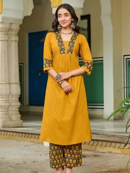 KAFTANIZE - Mustard Printed Sequined Kurta with Pant