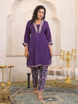 KAFTANIZE - Purple Floral Printed Kurta with Pant