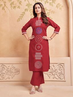 KAFTANIZE - Red Embroidered Thread Work Kurta with Pant