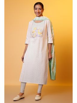 Aurelia - Off White Floral Embroidered Kurta with Churidar and Dupatta
