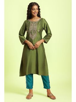 W - Olive Embroidered Sequined Kurta with Pant
