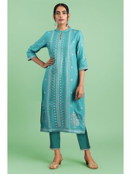 W - Blue Floral Printed Kurta with Pant