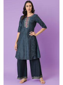 W - Navy Blue Embroidered Mirror Work Kurta with Palazzo