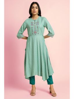 W - Green Printed Embroidered Kurta with Pant