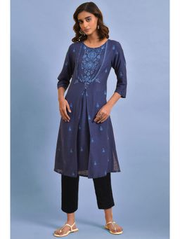 W - Navy Blue Floral Printed Kurta with Pant