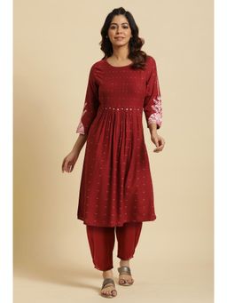 W - Maroon Printed Sequined Kurta with Salwar