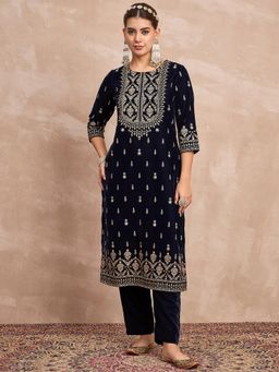 Varanga - Navy Blue Floral Embroidered Kurta with Pant