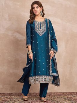 Varanga - Teal Embroidered Zari Kurta with Pant and Dupatta