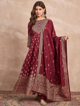 Varanga - Maroon Printed Bandhani Anarkali Kurta with Pant and Dupatta