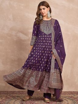 Varanga - Purple Printed Bandhani Anarkali Kurta with Pant and Dupatta