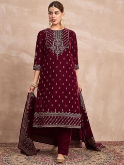 Varanga - Maroon Embroidered Sequined Kurta with Pant and Dupatta
