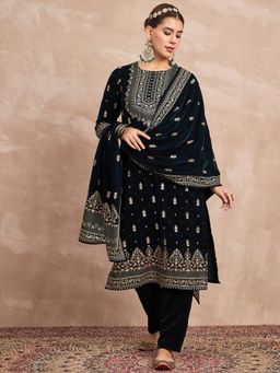 Varanga - Navy Blue Floral Embroidered Kurta with Pant and Dupatta