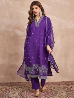 Varanga - Purple Embroidered Thread Work Kurta with Pant and Dupatta