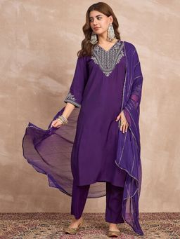 Varanga - Purple Embroidered Thread Work Kurta with Pant and Dupatta