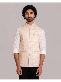Lightpole - Men's Yellow Round Circle Printed and Lining Work Nehru Jacket