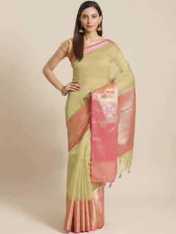 Indethnic - Banarasi Yellow Checked Daily Wear Saree With Unstitched Blouse