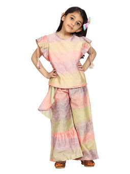KiddoPanti - Peach & Green Girls Frill Sleeve Top & Palazzo Pant (Set of 2) (12-14 Years)