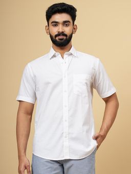 Greenfibre - White Cotton Stretch Solid Semi Casual Shirt