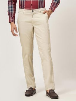 Greenfibre - Cream Cotton Stretch Solid Casual Trousers