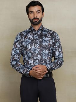 JB Studio - Dark Grey & Blue 100% Cotton Printed Party Wear Shirt