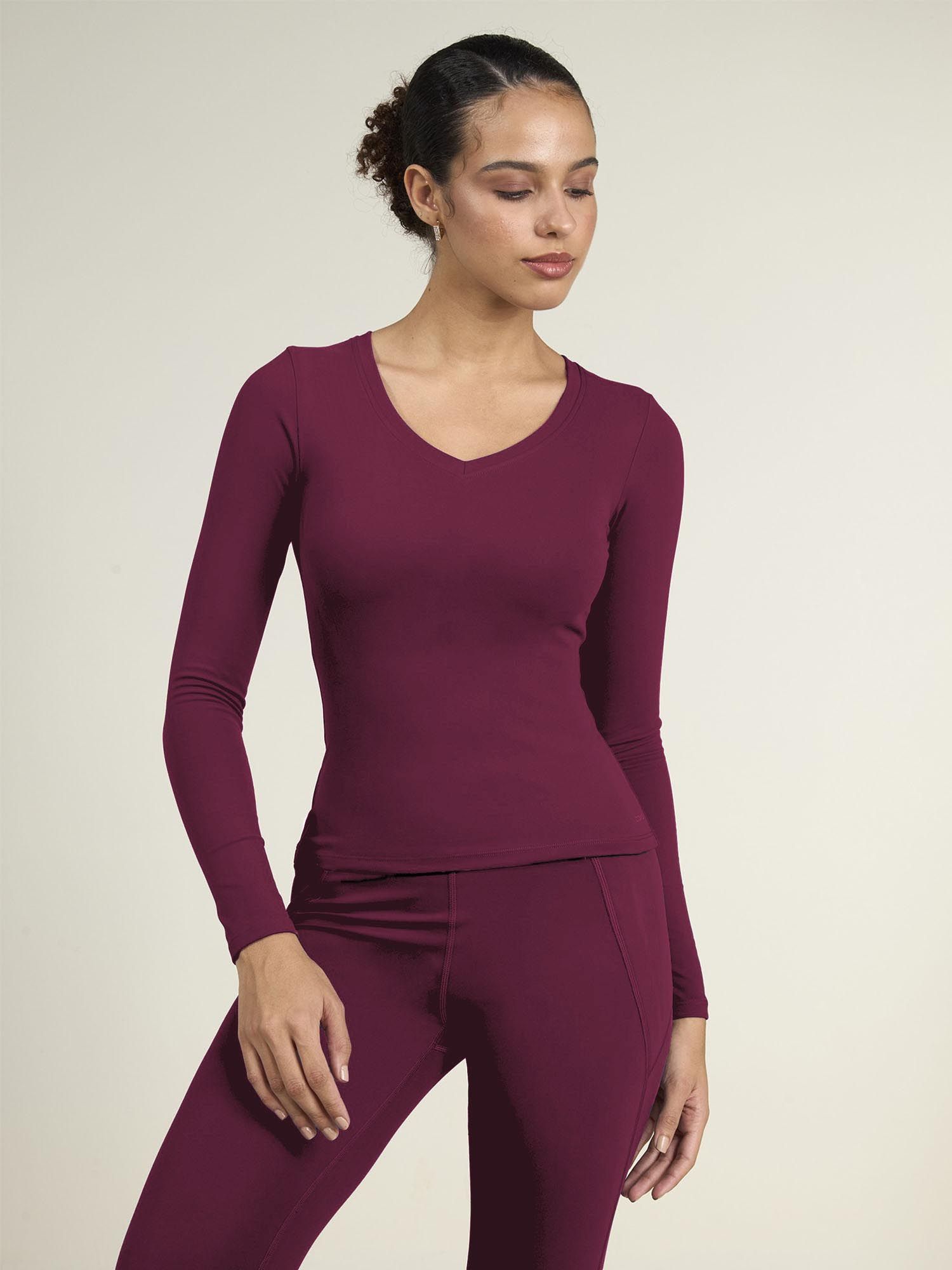 cava athleisure Women Burgundy Poly/Spandex Solid Fitted Fit T-Shirt-picture-10