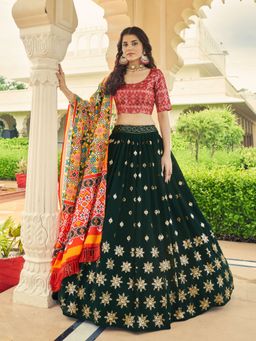 Odette - Festive Designer Green Semi Stitched Lehenga With Unstitched Blouse (Set of 3)