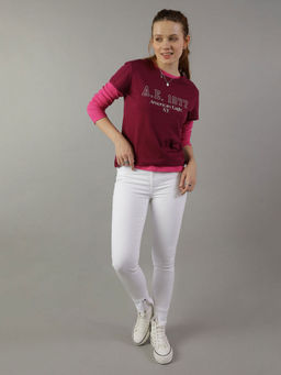 American Eagle - Women Wine Slim Graphic Crew Neck T-shirt
