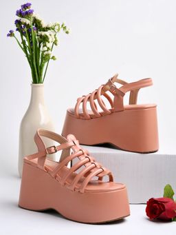 Shoetopia - Multi Straps Casual Peach Platforms Heels for Women and Girls