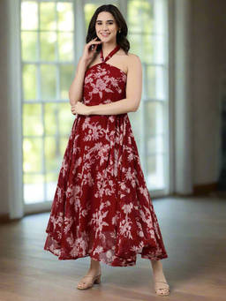 Souchii - Women's Maroon Neck Tie Up Chiffon Dress with Belt