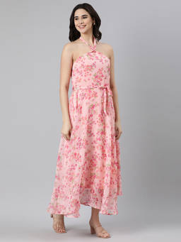 Souchii - Women's Pink Neck Tie Up Chiffon Dress with Belt