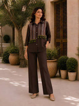 AAREIN - Brown Printed Yoke With Tassels Shirt Co-Ord Set