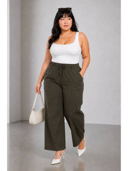 Virgio - Olive Solid Cotton High Waist Wide Leg Plus Size Pant