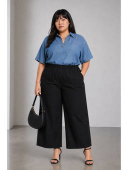 Virgio - Black Solid Cotton High Waist Wide Leg Plus Size Pant