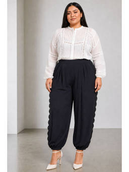 Virgio - Navy Blue Solid Viscose Balloon Plus Size Pants With Lace Insert