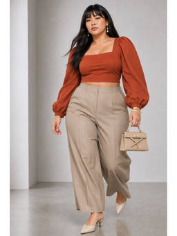 Virgio - Beige Solid Cotton Wide Leg Plus Size Trouser