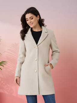 Latin Quarters - Women's Beige Solid Collar Neck Full Sleeves Casual Coat