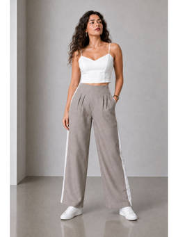 Virgio - Grey Solid Viscose Highrise Wide Leg Pant
