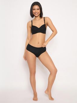 Clovia - Black Solid Padded T-Shirt Bra and Hipster Panty (Set of 2)