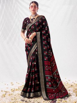 SANSKAR - Black Geometric Cotton Zari Bordered Saree with Unstitched Blouse
