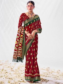 SANSKAR - Red Ikkat Cotton Zari Bordered Saree with Unstitched Blouse
