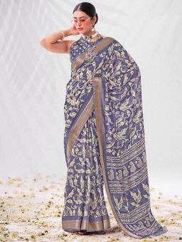 SANSKAR - Blue Floral Cotton Zari Bordered Saree with Unstitched Blouse