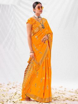 SANSKAR - Yellow Ethnic Motifs Cotton Zari Bordered Saree with Unstitched Blouse