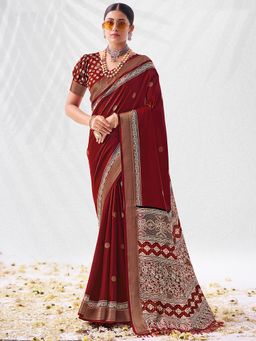 SANSKAR - Maroon Paisley Cotton Zari Bordered Saree with Unstitched Blouse